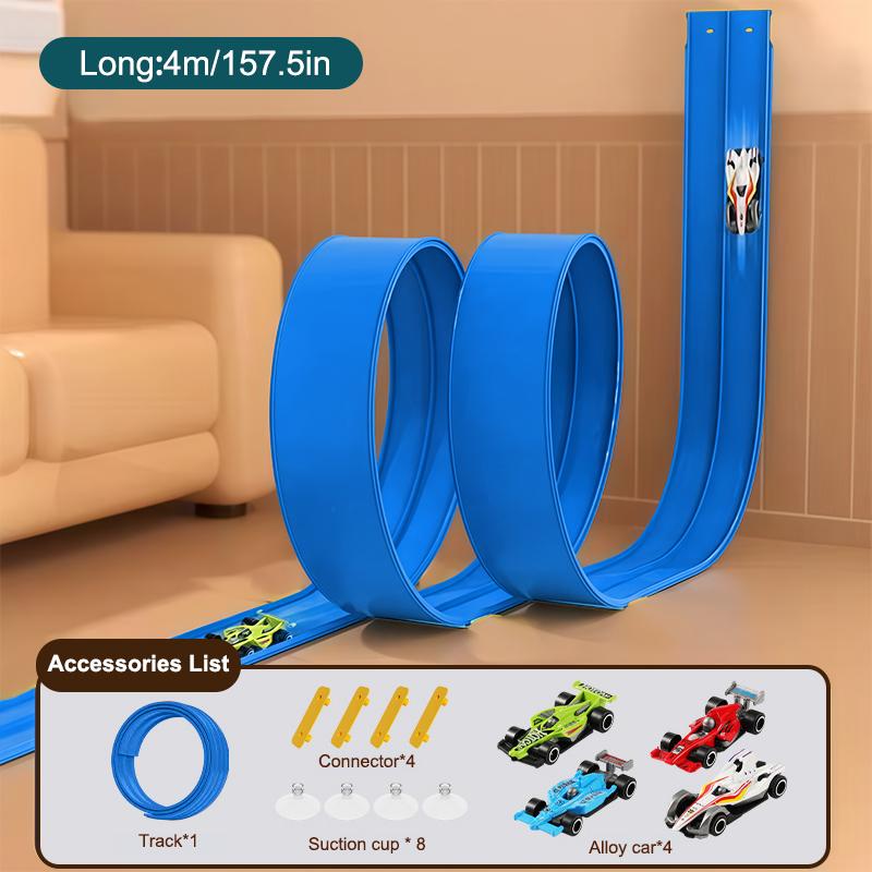 

Гибкий гоночный трек 13 футов и 16 футов для детей, гоночный трек-рампа с присосками и 4 маленькими гоночными машинками
