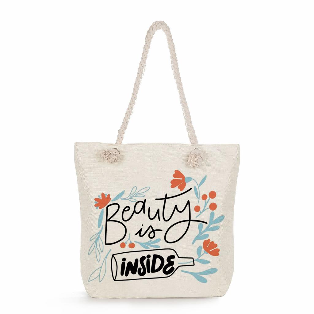 Multifunctional Trendy Letters Printed Thick Rope Shoulder Beach Bag Casual large capacity handbag 7593