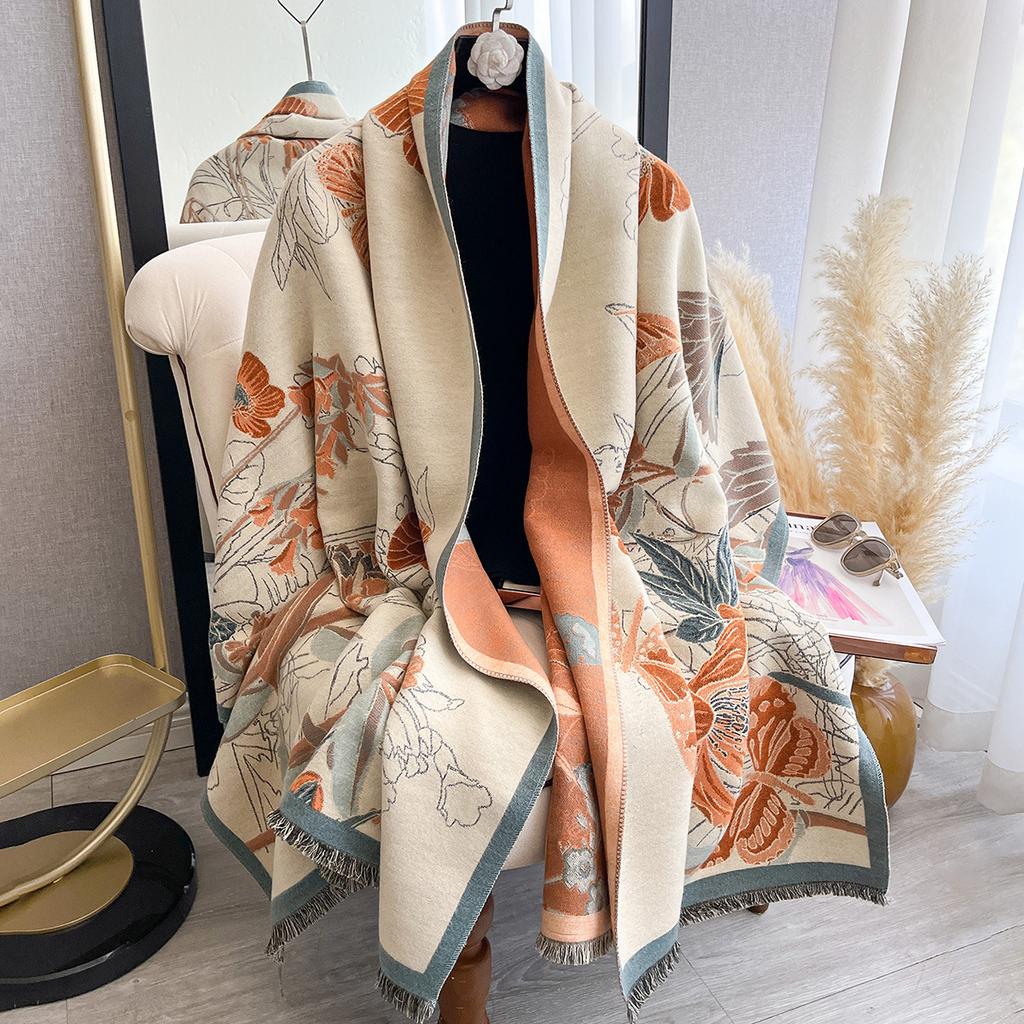 Autumn Plants And Flowers Imitation Cashmere Jacquard Scarf Women'S Simple And Versatile Thickened Warm Scarf Shawl