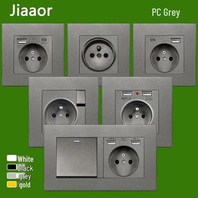 16A Grey French Double Gang Switch & Socket Panel with USB+Type C, Concealed Mount, 86 Type