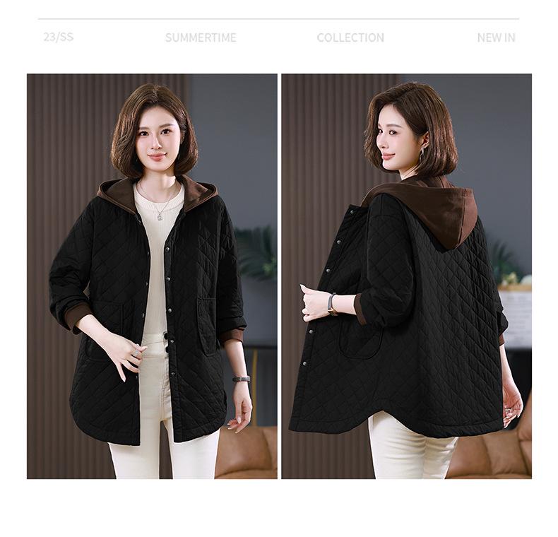Women's 2024 Autumn/Winter Hooded Cotton Jacket – Loose, Quilted Diamond Pattern, Casual Fashion for Middle-Aged Moms