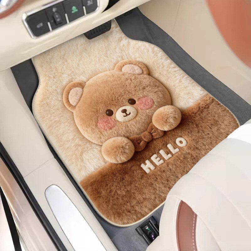 Car Floor Mats, Universal Driver s Seat Floor Mat, Single-Piece Car Floor Mat, Anti-Dirt Car Interior Foot Mat, Plush Car Floor Mat T3601G-Plush Milk Bear G-1 Piece of Front Foot Pad