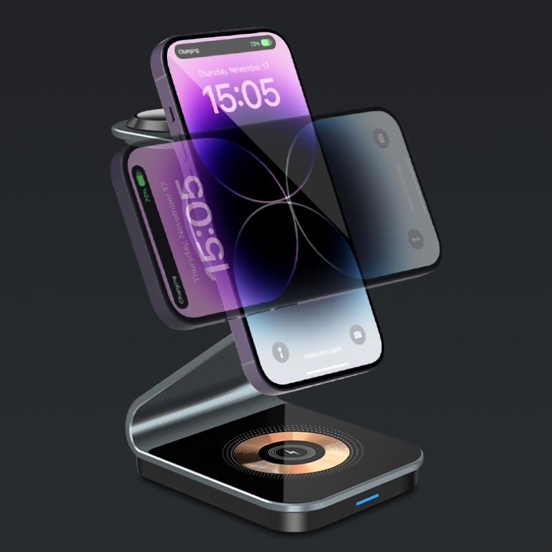 15w All In One Portable 3 In 1 Magnetic  Wireless Charger Multifunction 15W Fast Charging Dock Transparent Design Vertical Charger