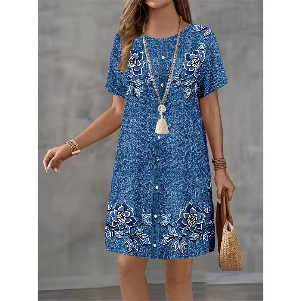 Women's Summer Short Seeved Round Neck Casual Mini Dress Vintage 3D Imitation Denim Printed Dress Elegant Women's Dress Vestidos