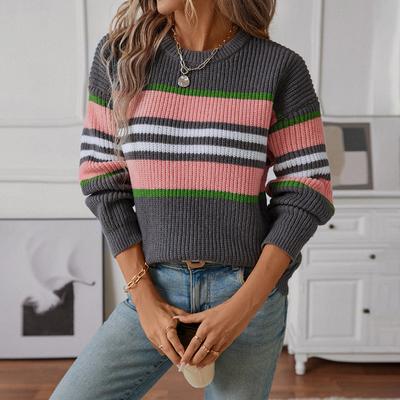 Women's Sweater for Autumn and Winter Loose Pullover Contrasting Round Neck Striped Knit Sweater