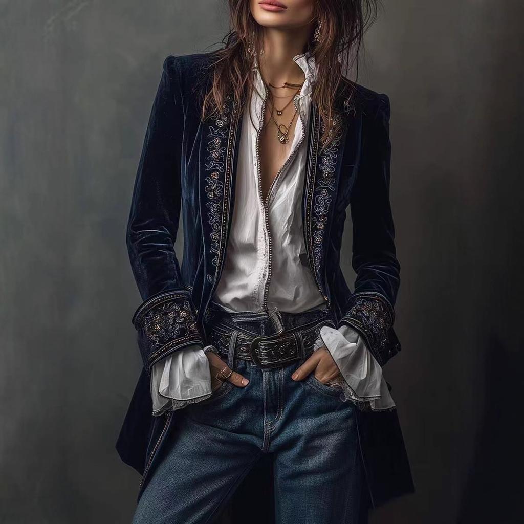 Women Embroidered Velvet Blazer Long Sleeve Open Front Cardigan Elegant Vintage Outerwear