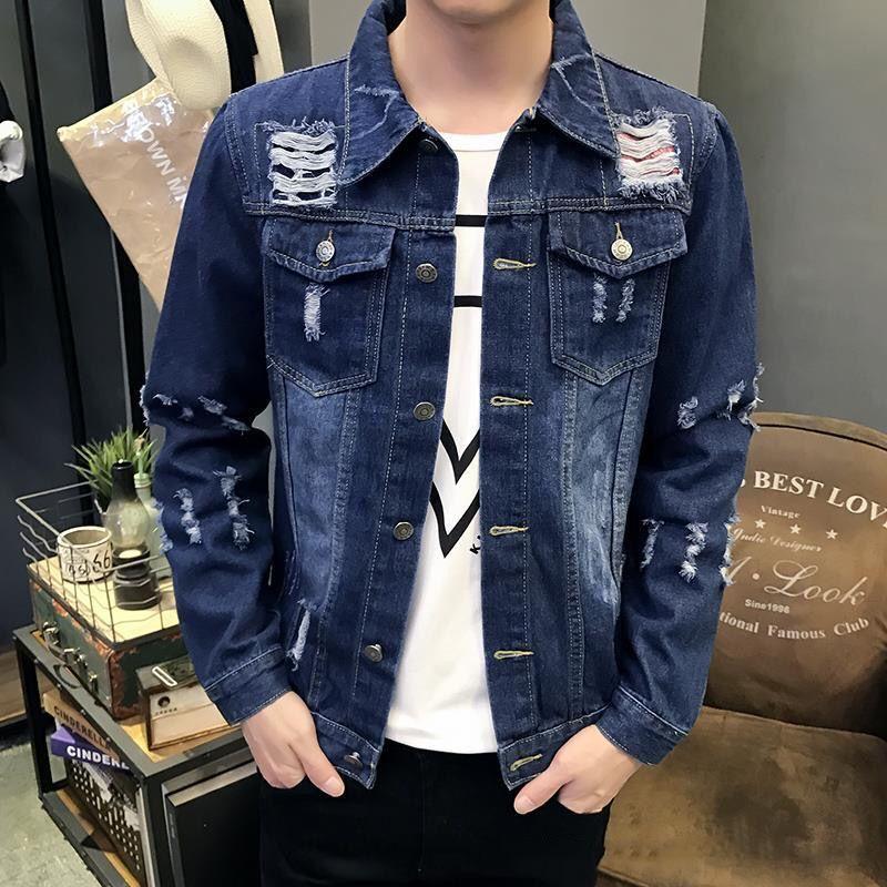 Men's Ripped Vintage Jacket Windproof Jacket Washed Denim Jacket Plus Size Denim Jacket