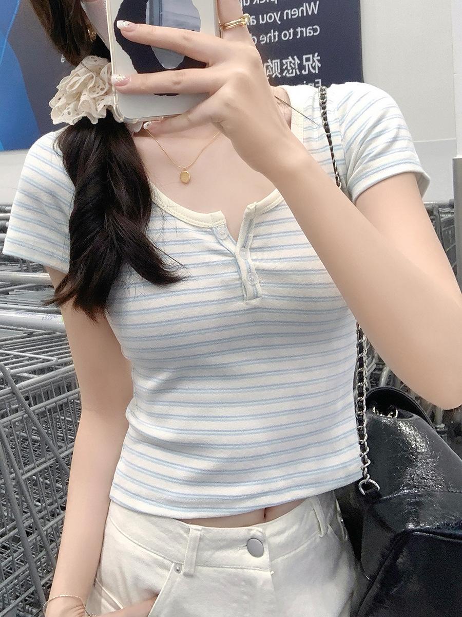 

Front shoulder striped short-sleeved T-shirt women s summer women s clothing new half-open neck slim-fitting and thin student short top S