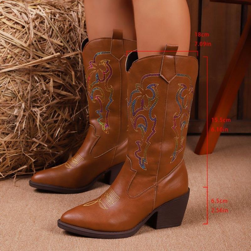 Large Size Embroidered Square Heel Pointed Wind Knight Boots Autumn and Winter New High Tube But Knee Women's Boots