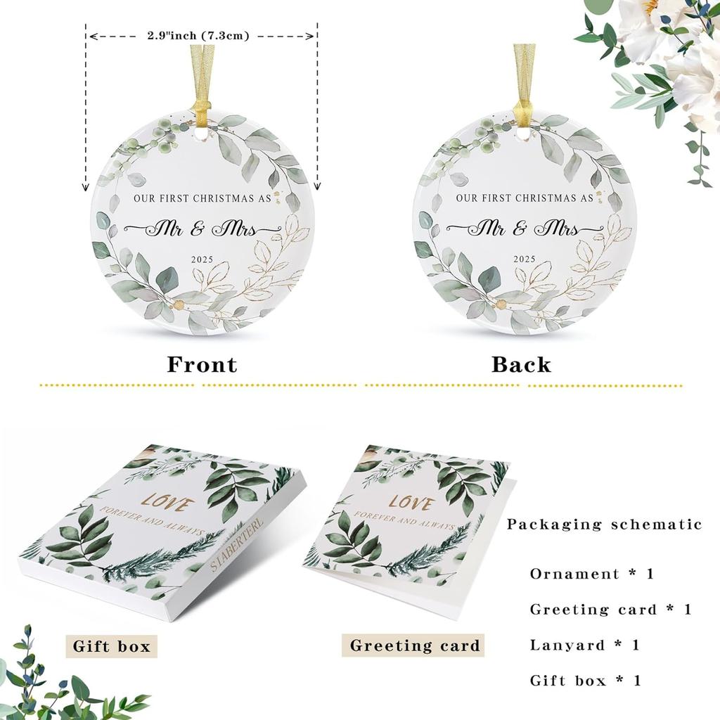 Our First Christmas Married Ornament 2025,Wedding Gifts for Couples Unique Decoration,First Year Newlywed Mr and Mrs Hanging 2.9" Ceramic Round