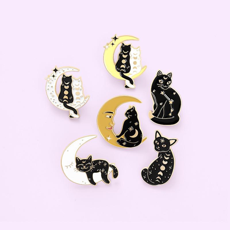 Captivating Moon Cat Design Pin Unique Alloy Brooch With Enamel Finish For Style Creative