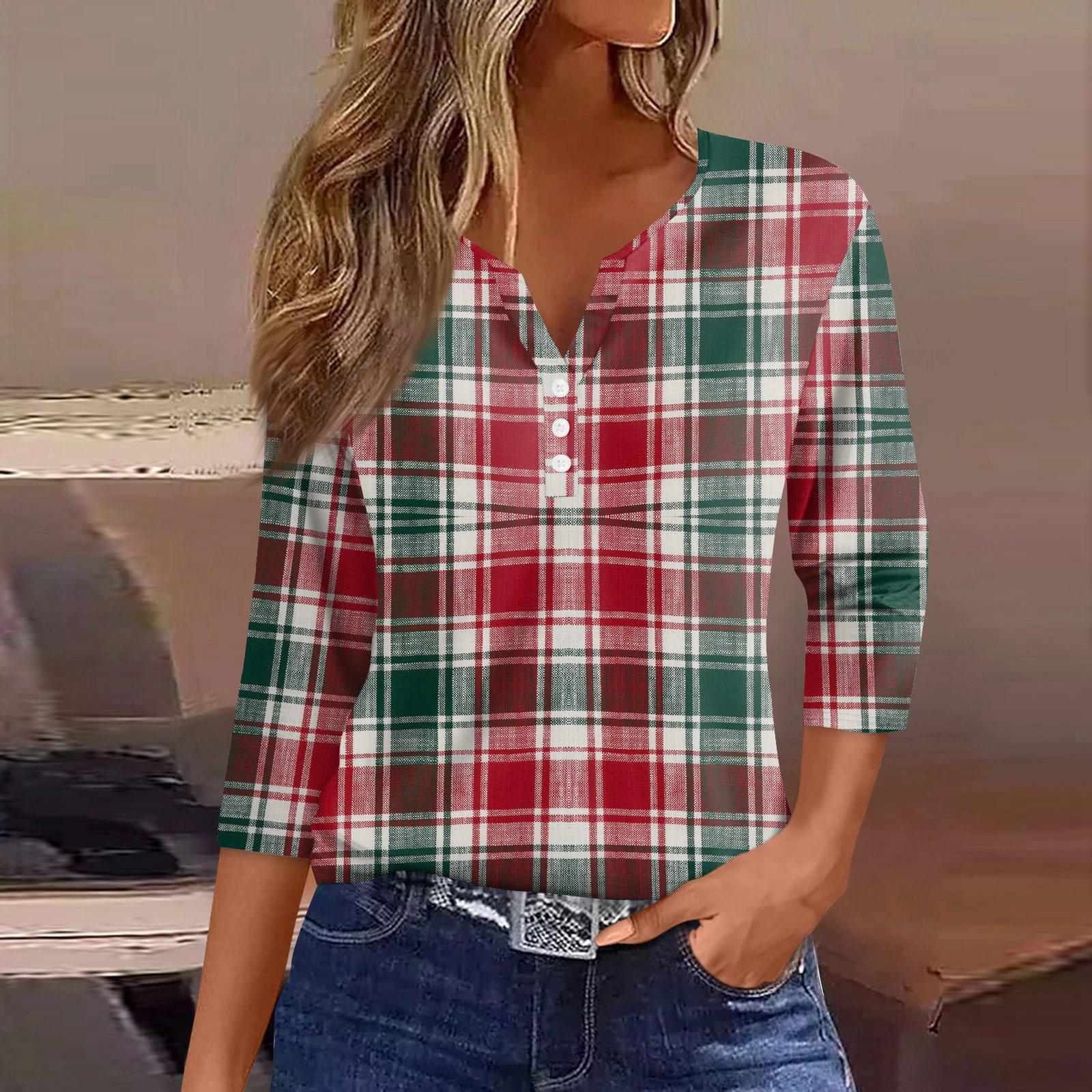 

Женская футболка, футболка, принт, пуговица, рукав 3/4, туника, повседневная, выходная мода, базовая, V-образный вырез, обычный топ XL красный