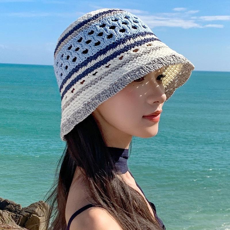

New Summer Mix Color Bucket Hat For Women Outdoor Hollow Breathable Sunshade Beach Panama Fisherman Cap Fashion Girls Gift M 56-58cm синій