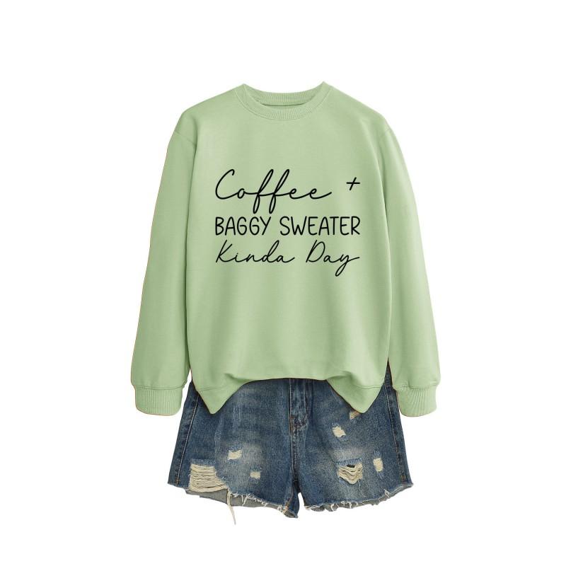 Womens Oversized Round Neck Long Sleeve Cotton Blend Casual Sweatshirt With Print - Loose Fit Comfort Top