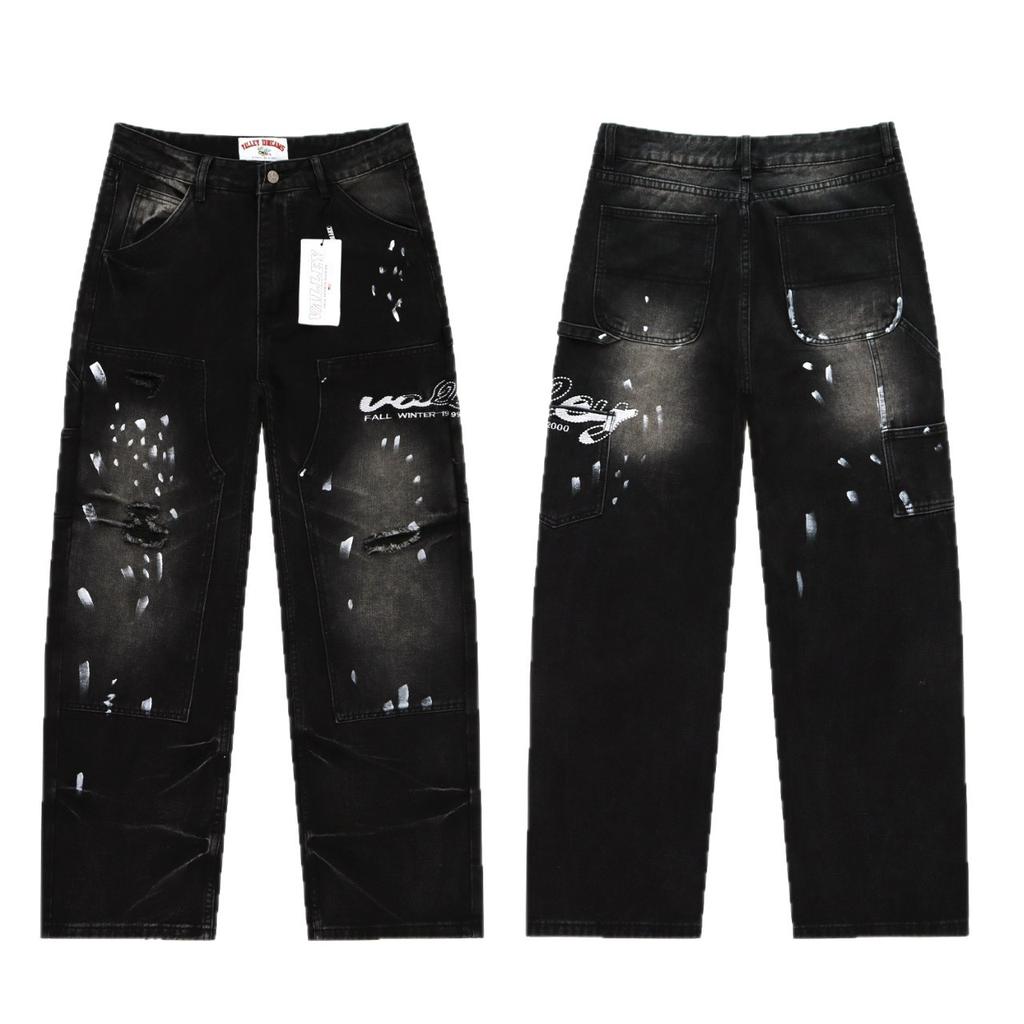 Jeans Graffiti Ink Splash Vintage Distressed Wash Loose Trendy Casual Straight Legs Male