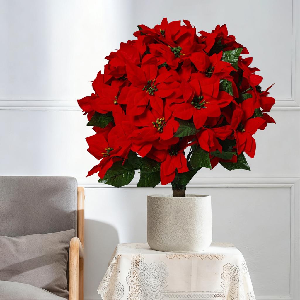 15in Artificial Poinsettia Bouquet, Red Poinsettia Shrub, Silk Poinsettia Bouquet, Suitable For Indoor And Outdoor Home Porch Garden Decoration.