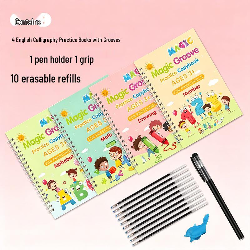 Children's English Calligraphy Practice Book with Disappearing Ink Pen - Groove Tracing and Handwriting Training
