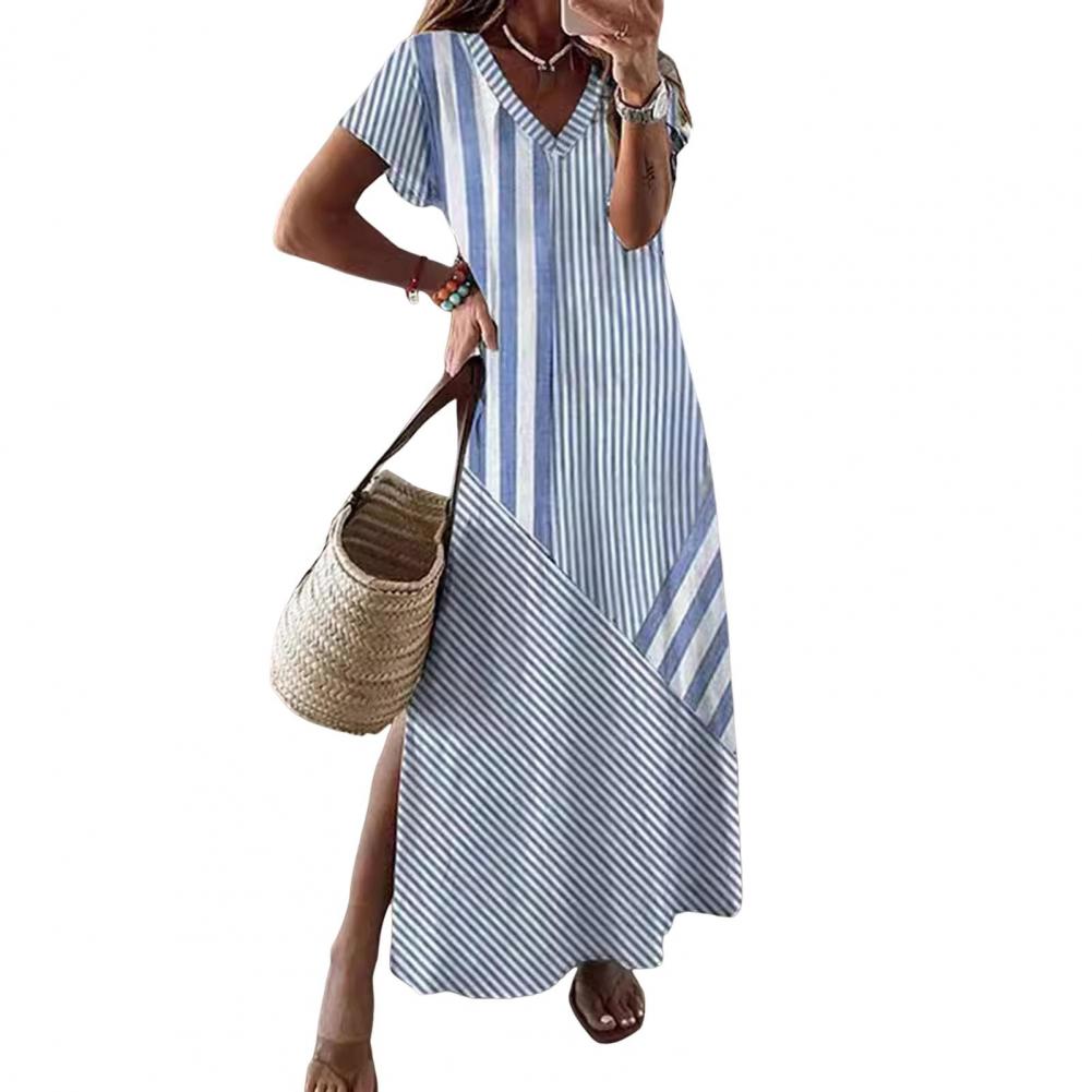 

Summer Female Dress V-Neckline Side Split A-line Oversized Short Sleeves Striped Print Pullover Ankle Length Vacation Beach Maxi Dr Practical Use S небесно-голубой