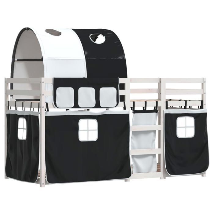 VidaXL Lit superposé avec rideaux blanc/noir 90x190 cm bois pin massif, lit, cadre de lit, lit superposé bas, meuble de 3284030