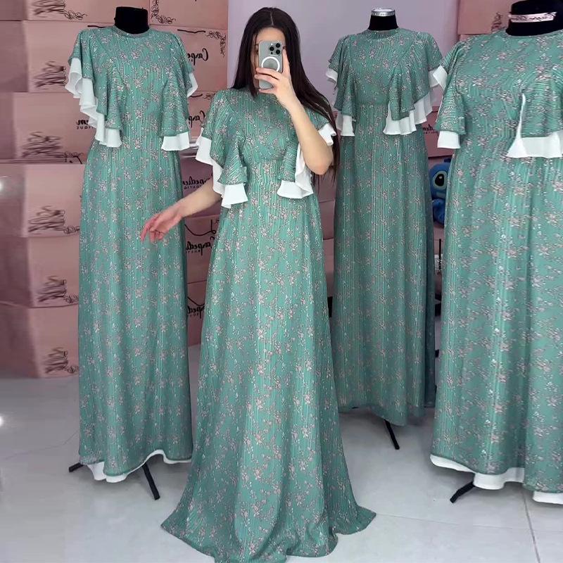 

Летнее европейско-американское платье с цветочным принтом и рукавами-рюшами в стиле колор-блок для женщин 2XL