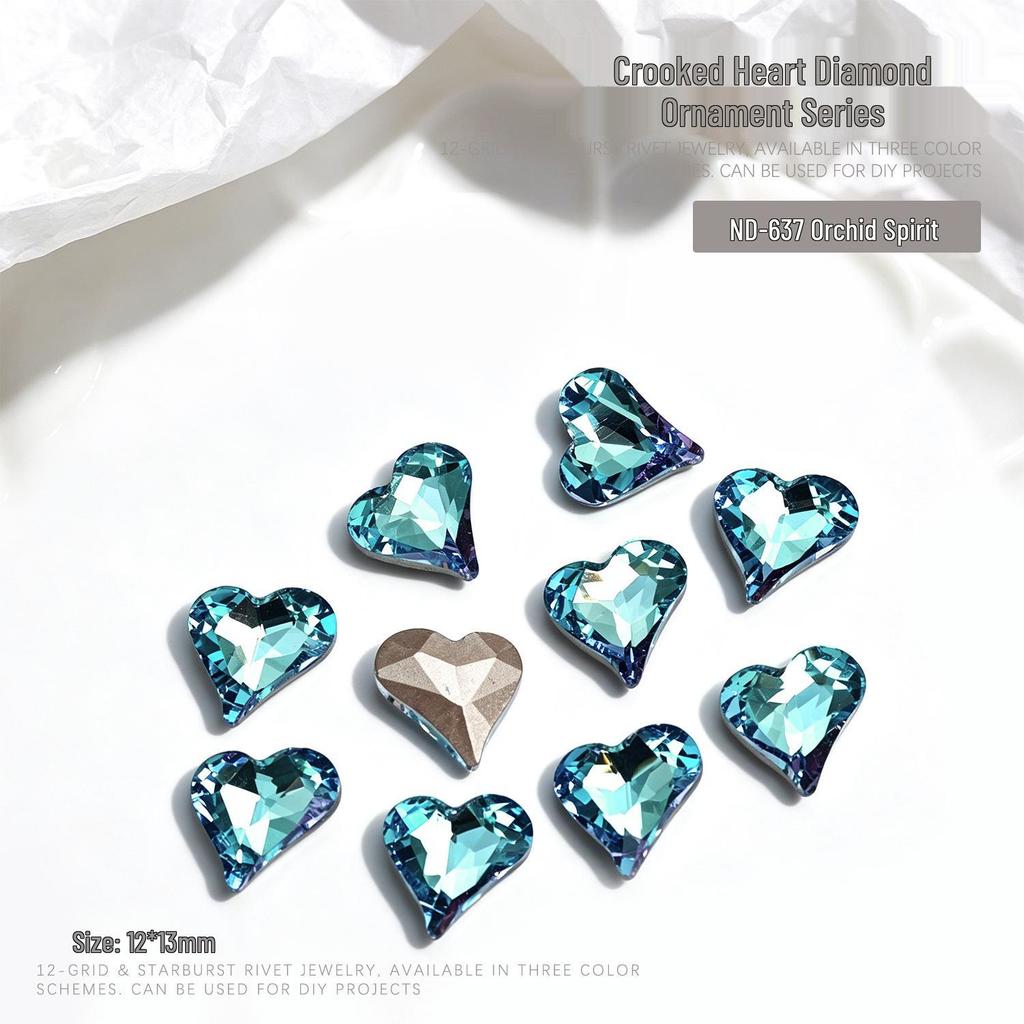 "10-Piece Heart-Shaped Nail Art Accessories with Pointed Bottom Transparent and Colorful Diamonds"
