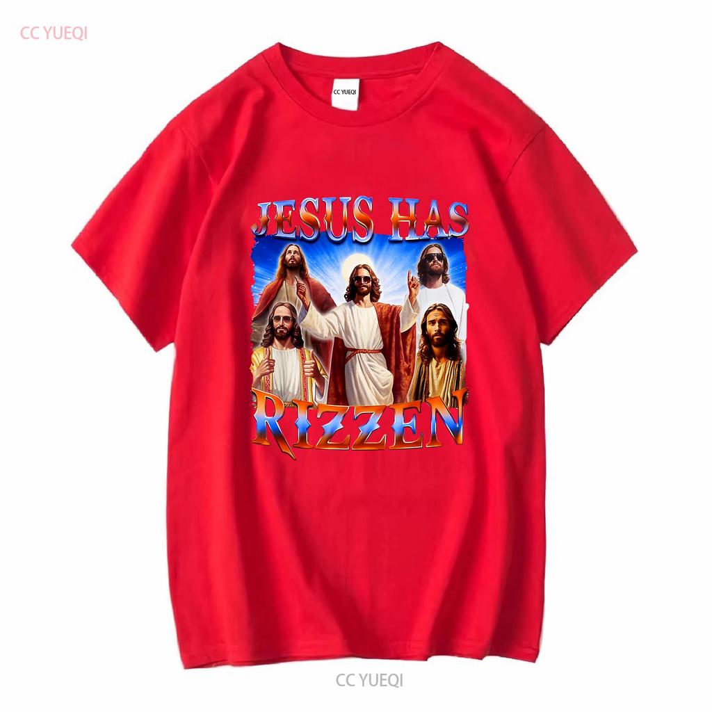 Jesus Has Rizzen He Is 2024 T Shirt Mens clothing long or short sleeves vintage Washed streetwear Slightly designer clothes