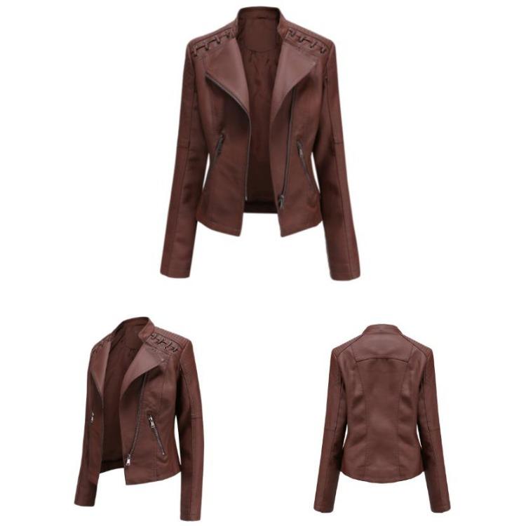 Stylish Women Faux Leather Moto Jacket Retro Lacing Detail PU Biker Coat Casual Zip Up Outerwear Slim Fit Short Classic Plus Size S-4XL