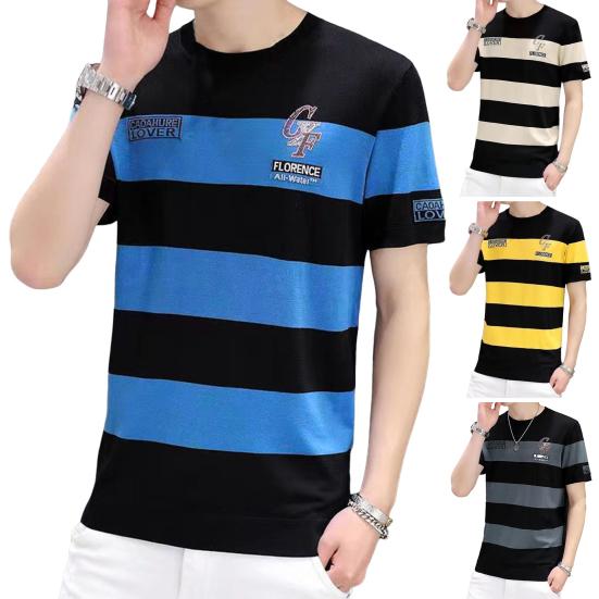 חולצת טריקו לגברים קיץ Colorblock פסים דק לנשימה שרוולים קצרים רופפים רקמת מכתבים עם צווארון ללא צווארון סוודר בגודל נוסף סוודר מזדמן יומי משרד העליון