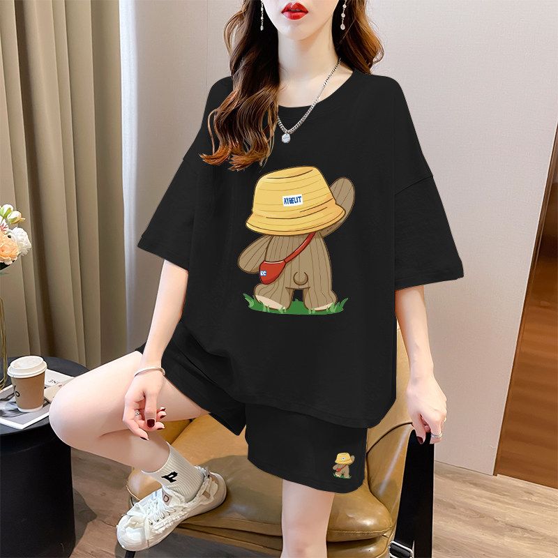 Pure Cotton Short Sleeve Short Pants Suit Women's Summer Plus Size Plus Size Ladies Loose Fashion Casual Sports Style Wear a Set of Fashion