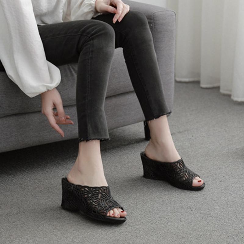 Retro Summer Wedge Shoes for Women's Sandals Open Toe Platform Hollow Flowers Retro Lady High Heel Casual Non-slip Female Sandal