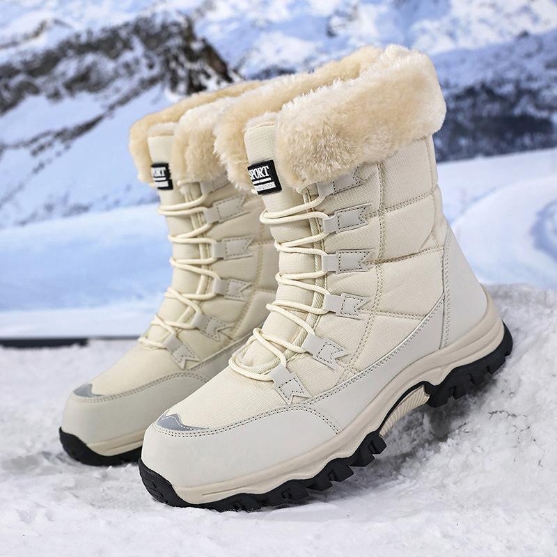 Women's Light-Colored Mid-Calf Winter Boots, Warm Fleece Lining, Plush Cuff Design, Fashion Footwear