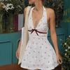 Sweet and Spicy Style Cherry Print Bow V-neck Neck Dress Women's Summer Waist and Thin Small A-word Short Skirt