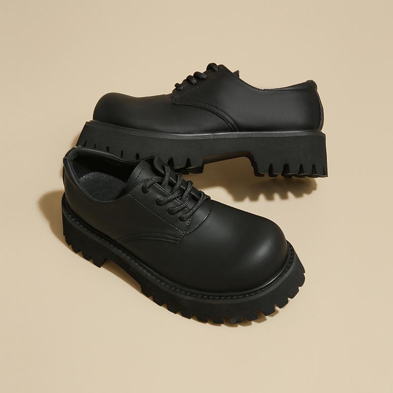 British leather small leather shoes men's and women's round head lace-up retro derby single shoes platform size