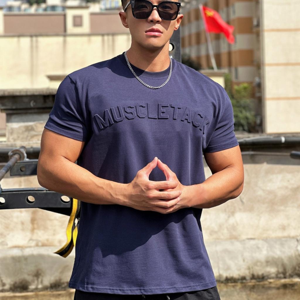 Top Sport Fitness Bărbați de Vară cu Mânecă Scurtă Larg Bumbac Elastic Gât Rotund Tricou pentru Baschet Alergare Antrenament