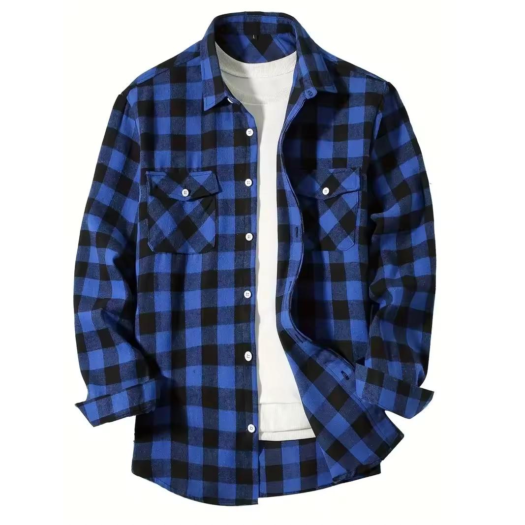 

Men s Plaid Shirts Single Breaste Classic Plaid Smart Casual Flannel Shirt Long Sleeved Chest Two Pockets Design Spring Autumn Men Tops XXL синій