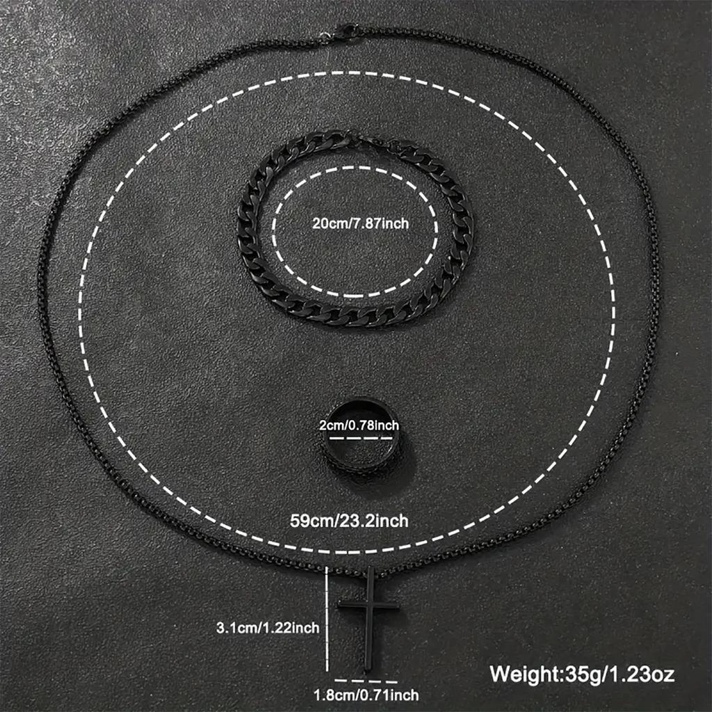 4pcs-Trendy Cross Hip Hop Jewelry Chain Ring Bracelet Necklace Three Piece Set+Casual Quartz Watch, Ring Bracelet Necklace Watch