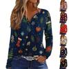 Women's Casual Christmas Print V-Neck Long Sleeve T-Shirt with Decorative Buttons
