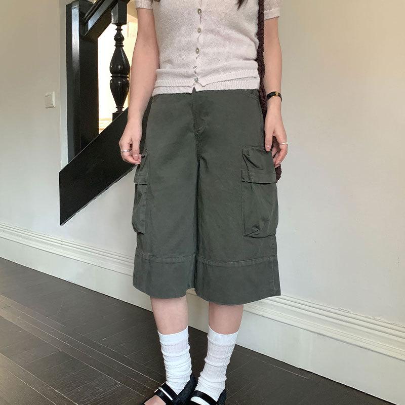 

Thirteen Rows Spring High-Waisted Korean Style Loose Wide-Leg 7-Point Cargo Shorts Large оливковое зеленый