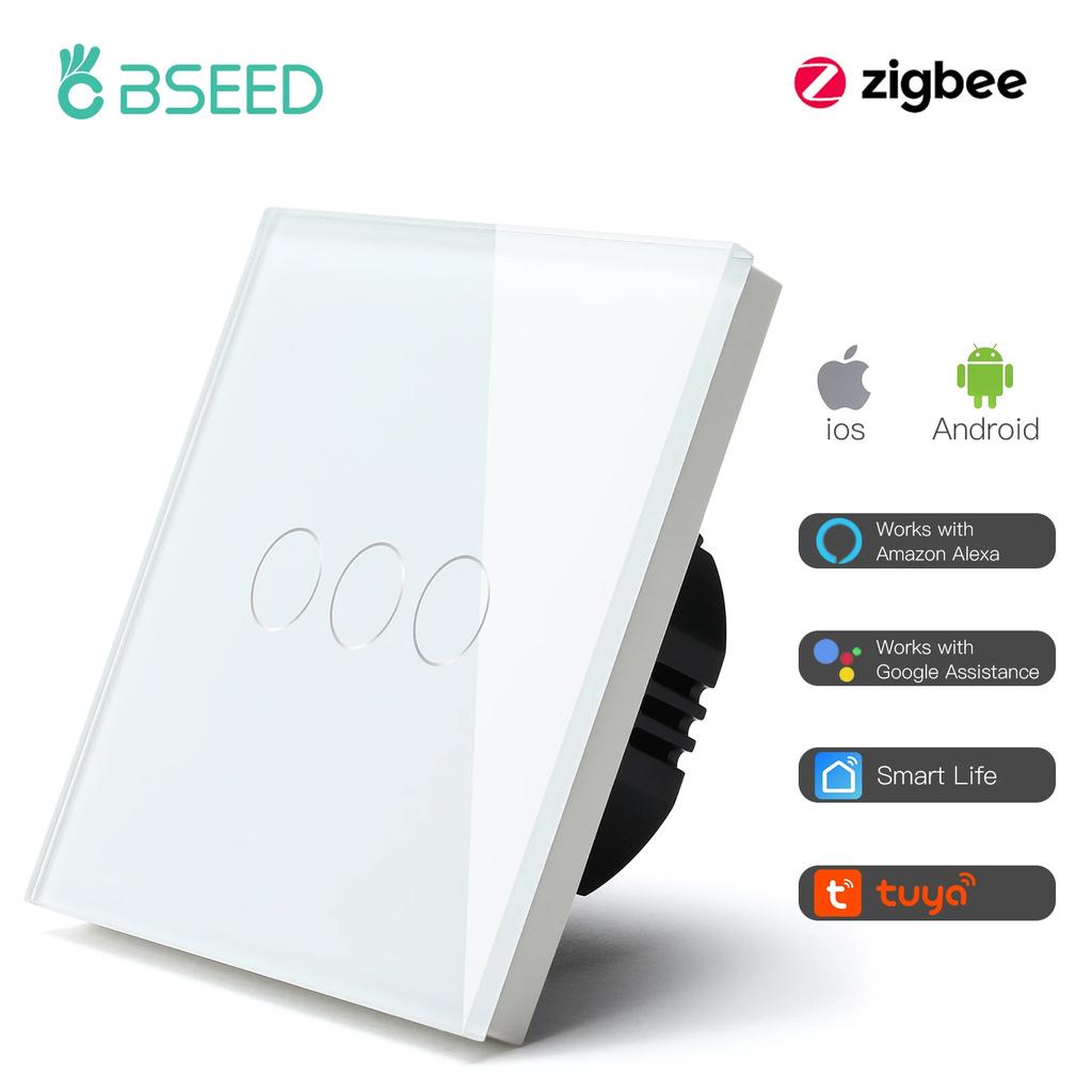 BSEED Zigbee 1/2/3Gang Touch Switches Smart Wall Light Switch Tuya Google Smart Life Alexa App Control Glass Panel No Neutral