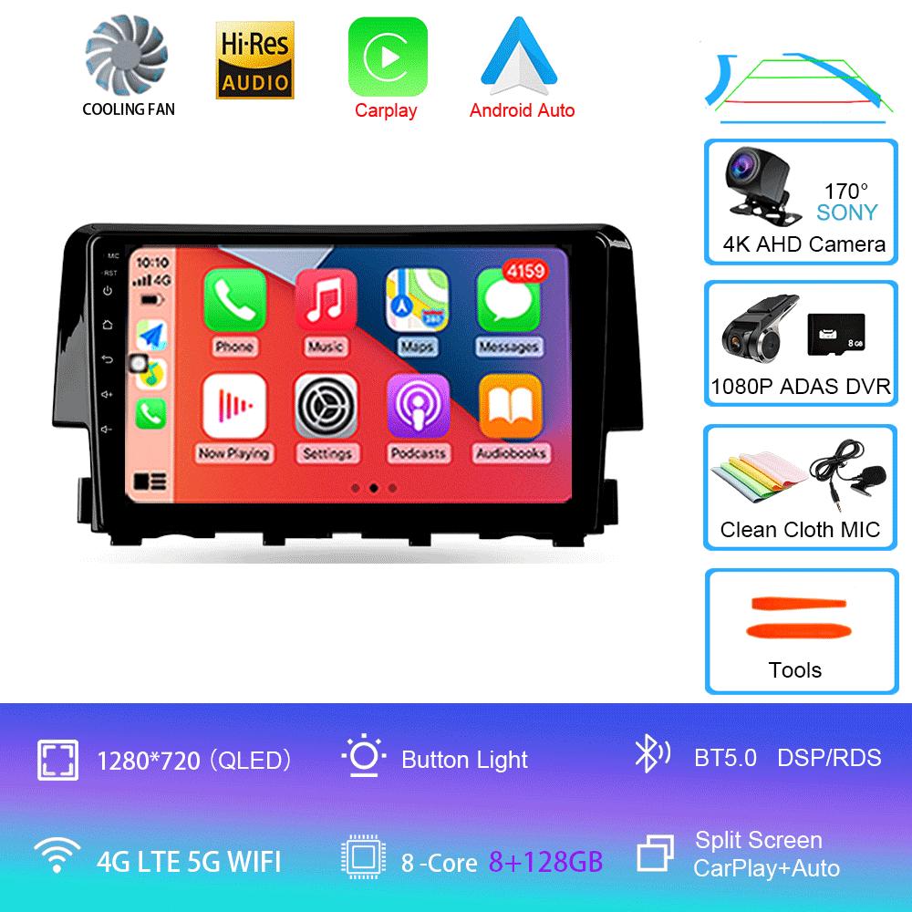Android 14 Car Radio Carplay Auto For Honda Civic 2016 2017 2018 - 2021 GPS Multimedia WIFI+4G Head Unit BT Player Stereo Video