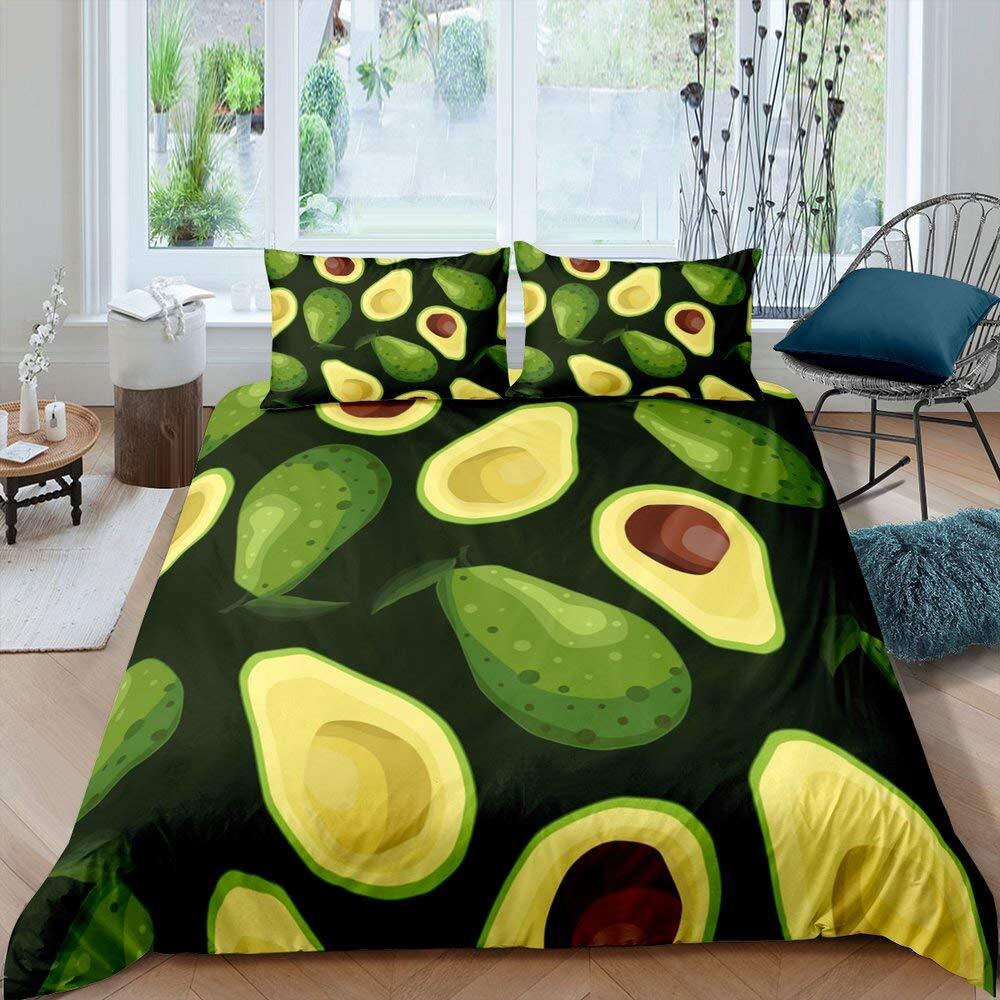 Fruit Duvet Cover Set, Cute Cartoon Avocado Decor 3 Piece Bedding Set with 2 Pillow Shams, Queen King Full Size, Paprika Green