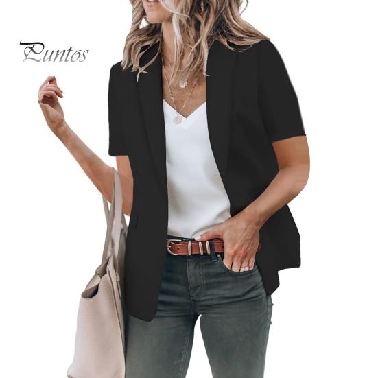 Women Casual Suit Coat Lapel Short Sleeve Single Button Suit Jacket Solid Color Flap Pockets Summer Business Outwear
