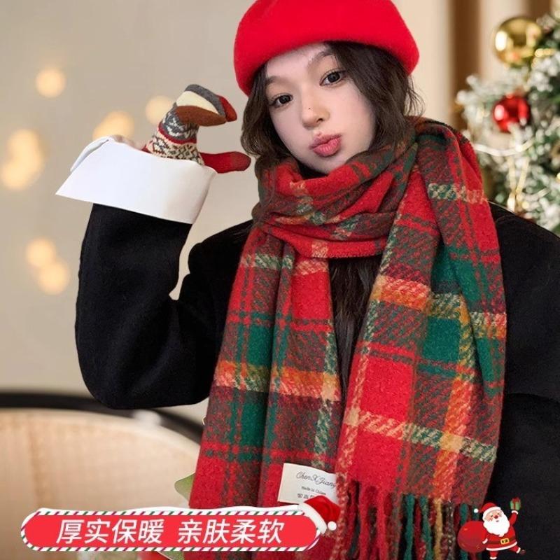 New gift Christmas red fringed plaid scarf women's winter high-end feeling warm Korean shawl thickened scarf
