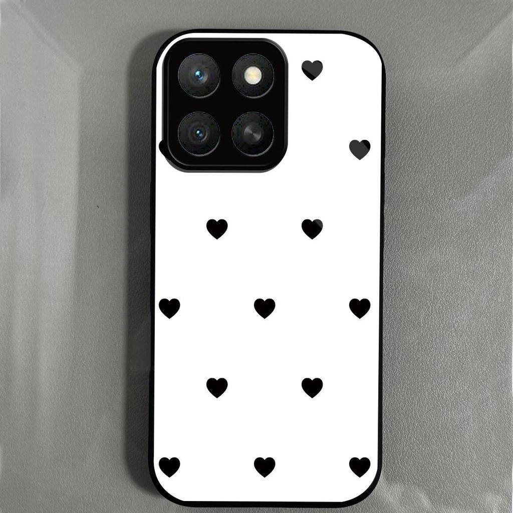 Black Heart Pattern Phone Case for HONOR X8a 5G X8 X7d 4G X7c Acrylic Back TPU Bumper Shockproof Protective Cover, Minimalist Korean Style