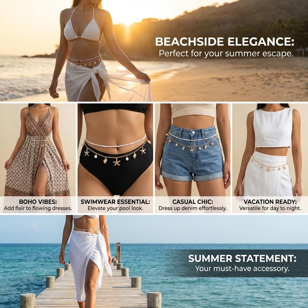 Summer Ocean Series Starfish Conch Pendant Waist Chain for Women Creative Double Layer Imitation Pearl Belly Chain Body Jewelry