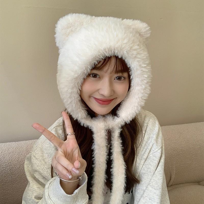 Hat female autumn and winter warm knitted wool snow hat cycling mother fashion ear protection headgear scarf integrated hat