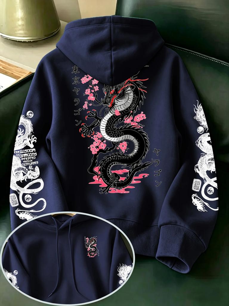 Men's Japanese Style Hoodie Tokyo Dragon Cherry Blossom Graphic Print Sweatshirt Oversized Asian Streetwear Autumn Winter Tops