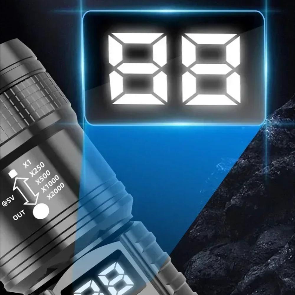 Lanterna LED Potente com Visor de Bateria Lâmpada Recarregável USB Lanternas Zoomáveis Lâmpada de Acampamento ao Ar Livre Lanterna à Prova d'Água para Pesca
