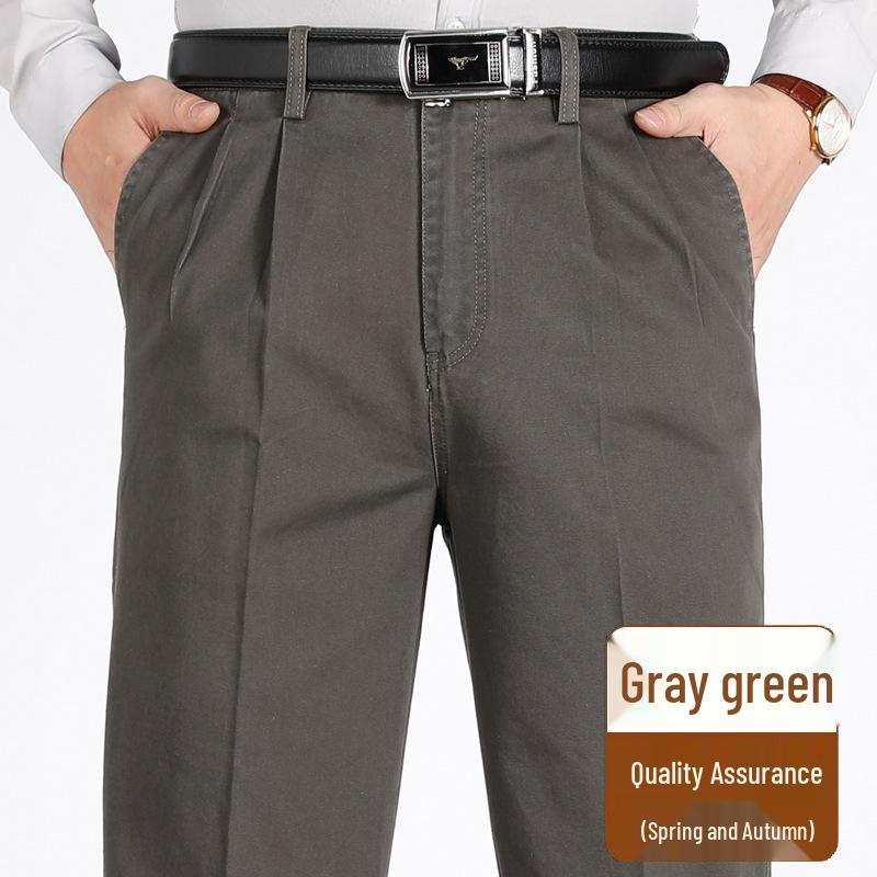 Men's Pure Cotton Double-Pleat Casual Pants - High Waist, Wide Leg, Non-Iron, Summer-Weight for Middle-Aged and Elderly.