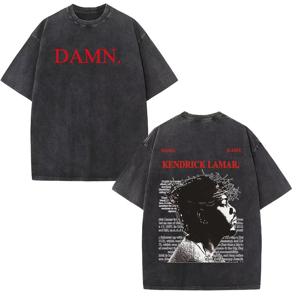 Rapper Kendrick Lamar DAMN Washed Tshirt Mens Women Clothing Fashion Vintage Casual Oversized Short Sleeve T Shirts Streetwear
